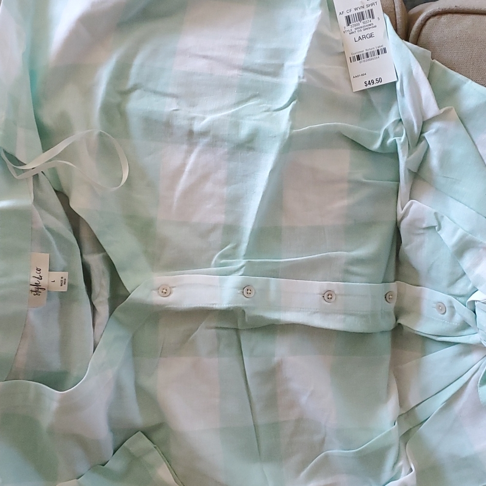 Green and white checkered button down, tie front shirt